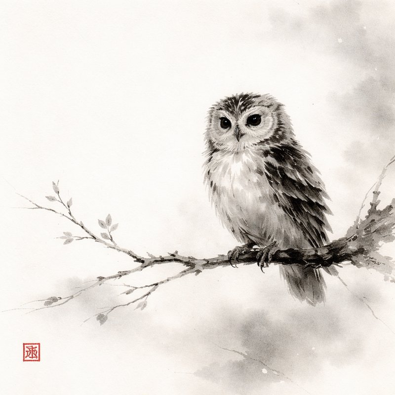 Monochrome ink painting of a perched owl on a thin branch with soft background wash