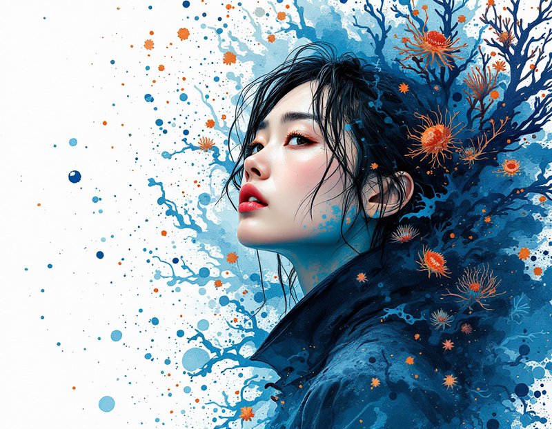 Portrait of a woman with blue watercolor splashes and orange accents surrounding her.