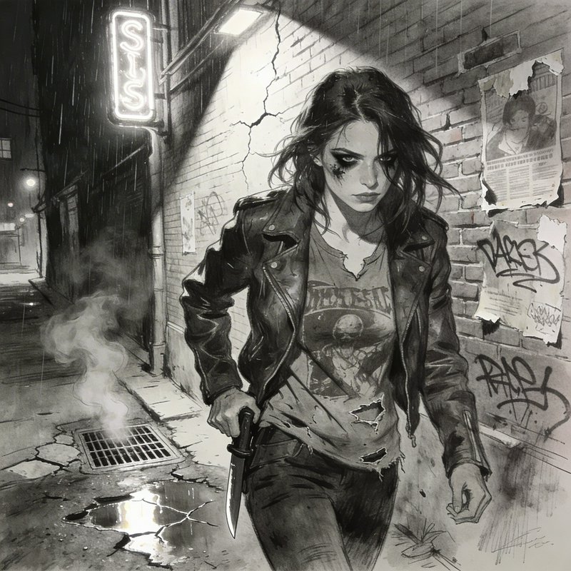 A gritty black-and-white illustration of a tough woman in a leather jacket in an alley, holding a knife.