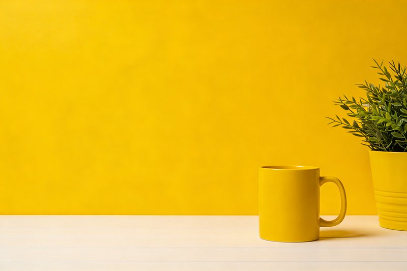 Bright yellow mug on a pale white desk with a yellow plant pot against a vivid yellow backdrop.