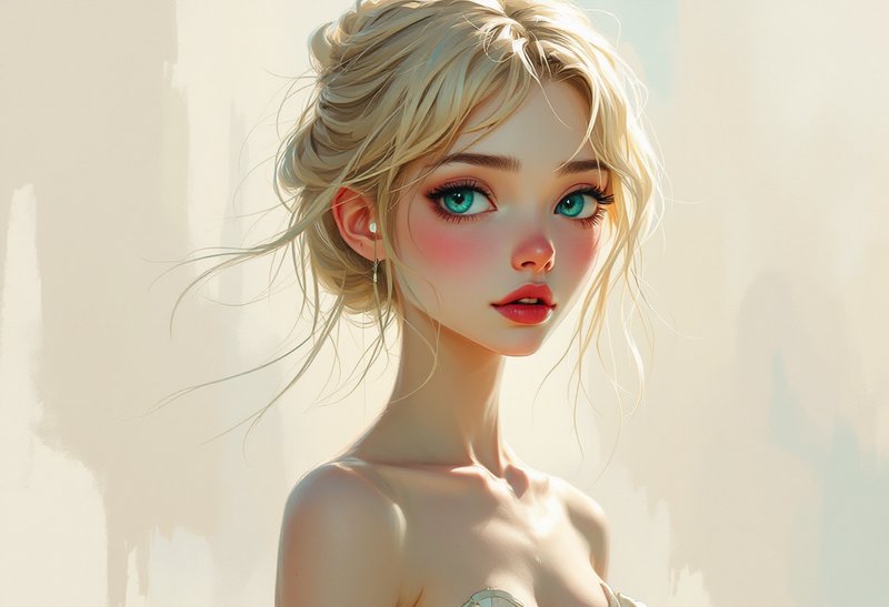Illustrated young woman with blonde hair, bright blue eyes, and rosy cheeks against a soft pale background.