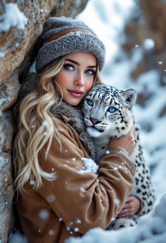 Woman in a brown winter coat and gray beanie cuddling a white snow leopard in a snowy rocky setting.