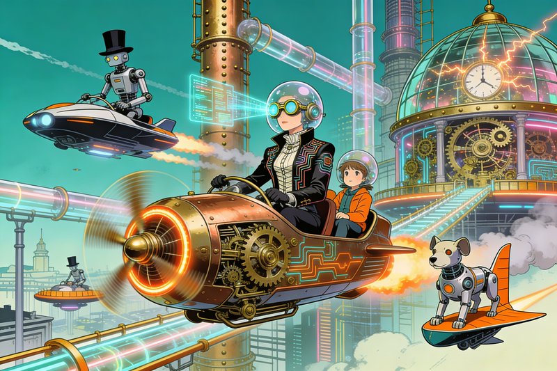 Intricate crosshatching layered with luminous neon washes and crisp cel-shaded outlines, merging Victorian mechanical detail with digital precision and retro-futurist simplicity. The result should manifest as gleaming copper gears intertwined with holographic circuitry, rendered in bold clean lines with a saturated pop-art palette of teals, oranges, and chrome.

A sprawling sky-city of brass-riveted towers and transparent pneumatic tubes, hovering platforms connected by glowing magnetic rails, and domed glass buildings with exposed clockwork innards crackling with neon energy. Robots in top hats glide alongside sleek hovercars trailing vapor and light.

Figures in corseted leather jackets with luminous circuit-traced lapels and bubble-dome helmets stride across elevated walkways. Mechanical monocles project holographic data. A family rides a compact atomic-powered flying car with spinning brass propellers and a glowing exhaust ring, their pet robot dog perched on the tailfin.