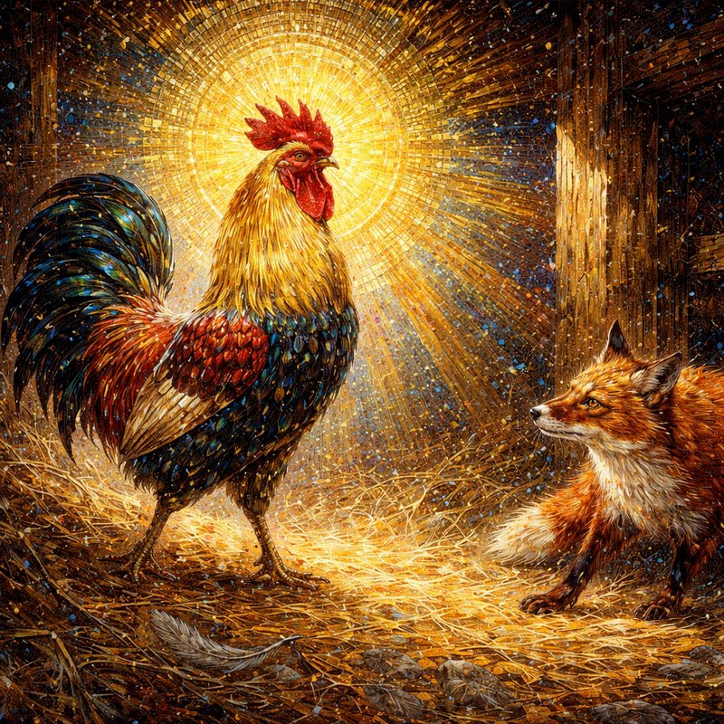 Vibrant mosaic-style rooster with a radiant halo facing a fox in a golden straw-lit scene.