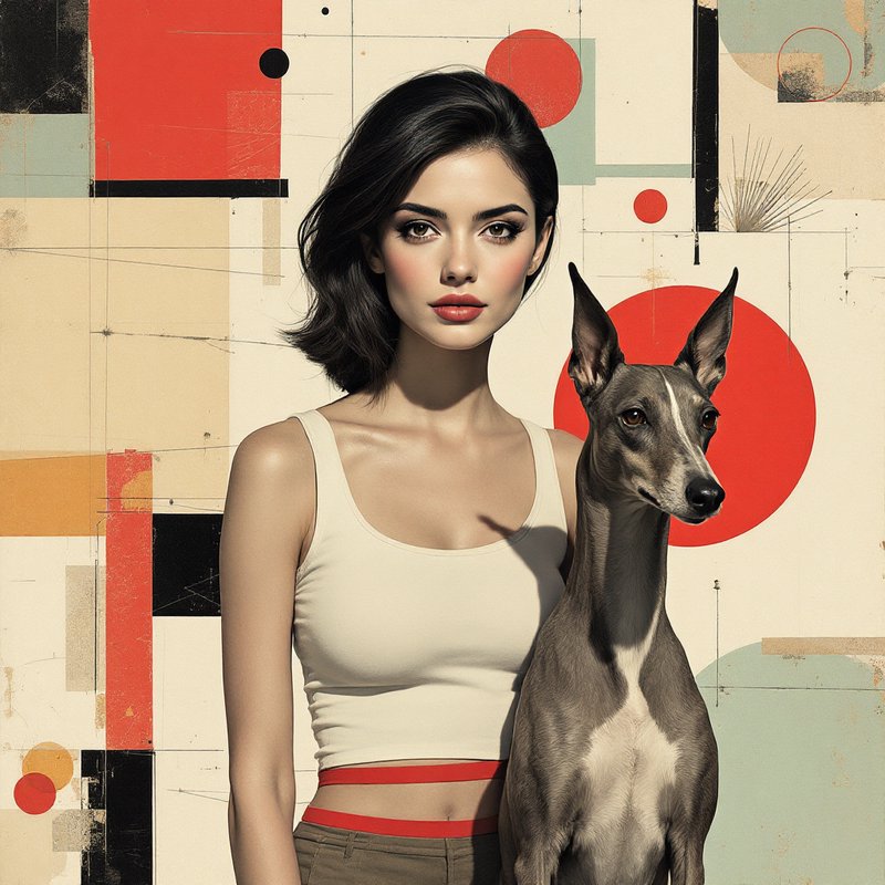 Fashion portrait of a woman in a white crop top with a grayhound against an abstract geometric mural.