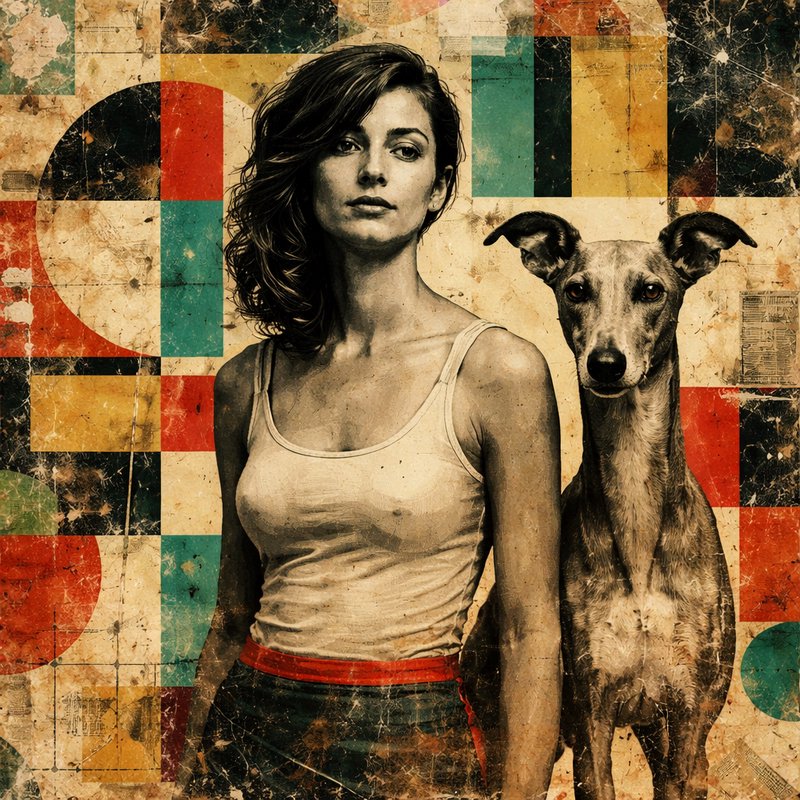 Woman in a tank top with a dog beside her against a retro geometric collage background.