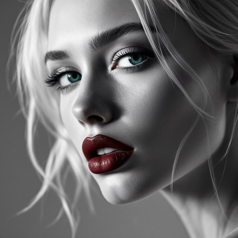 Close-up portrait of a woman in grayscale with teal eyes and bold red lips.