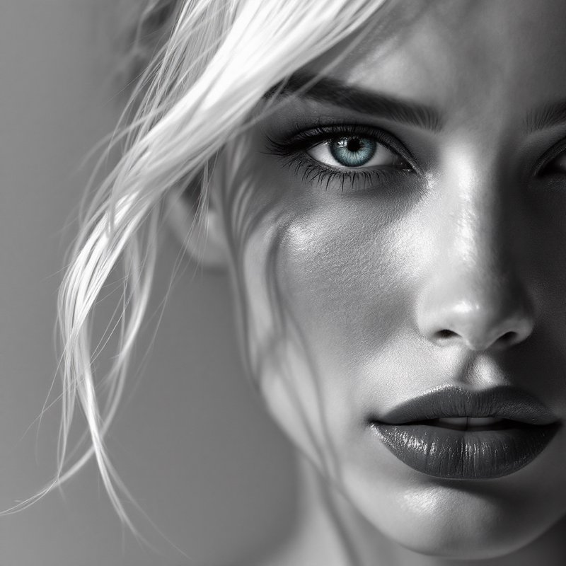 Close-up black-and-white portrait of a woman with bold lips and a striking eye.