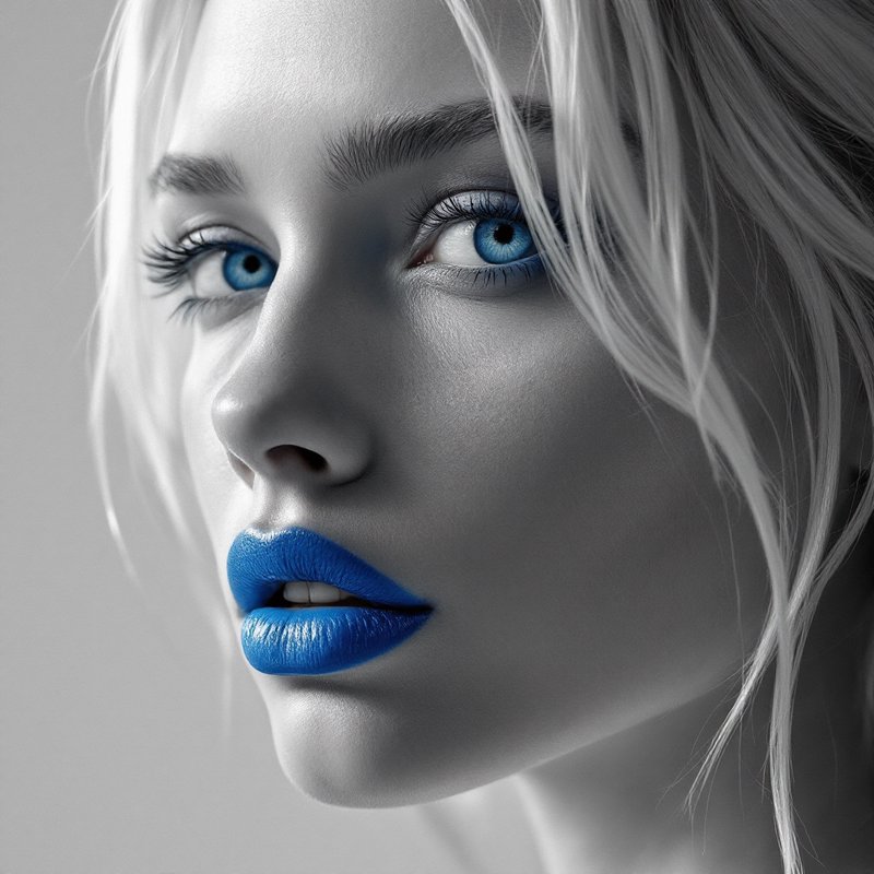 Close-up portrait of a woman with striking blue eyes and blue lips in a grayscale image.