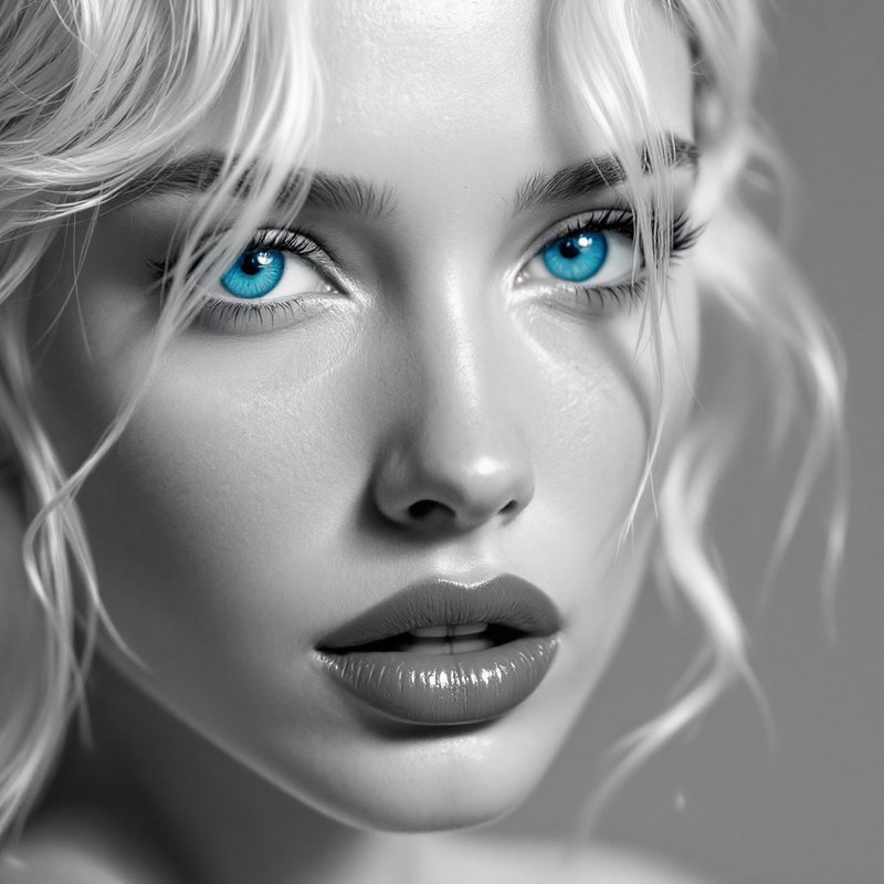 Close-up grayscale portrait of a woman with striking blue eyes and glossy lips.