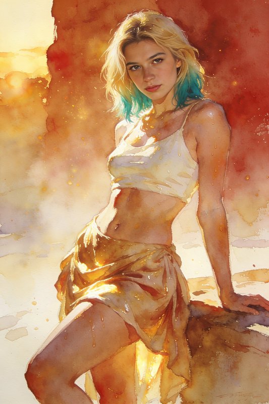 Watercolor-style portrait of a sunlit woman at the beach with blonde hair and blue-tipped ends