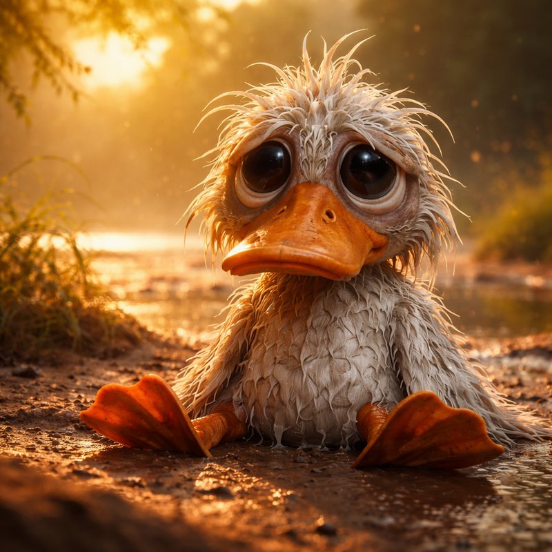 Adorable baby duck with wet feathers and oversized eyes in a shallow muddy pond at sunset