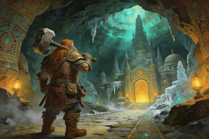 Intricate crosshatched linework layered with luminous glazed washes, blending hyper-detailed ornamental engraving with atmospheric oil painting depth. Rich teal and amber complementary tones push and pull through volumetric cave light, while every surface carries dense decorative patterning reminiscent of illuminated manuscripts rendered at architectural scale.

A stout dwarven warrior seen from behind, wild copper-red hair cascading over ornate scaled pauldrons and leather armor, hoisting a massive stone warhammer over one shoulder. Belt laden with pouches and tools, sturdy brown boots planted wide on the cavern floor, gazing ahead in awe.

A colossal underground cavern housing an ancient dwarven city carved into the living rock, towering spires and domed temples rising among stalactites and frozen mineral cascades. Warm golden lantern light bathes the ornate gatehouse entrance while cool teal bioluminescence filters from the vast ceiling above, mist drifting across the stone-paved path.