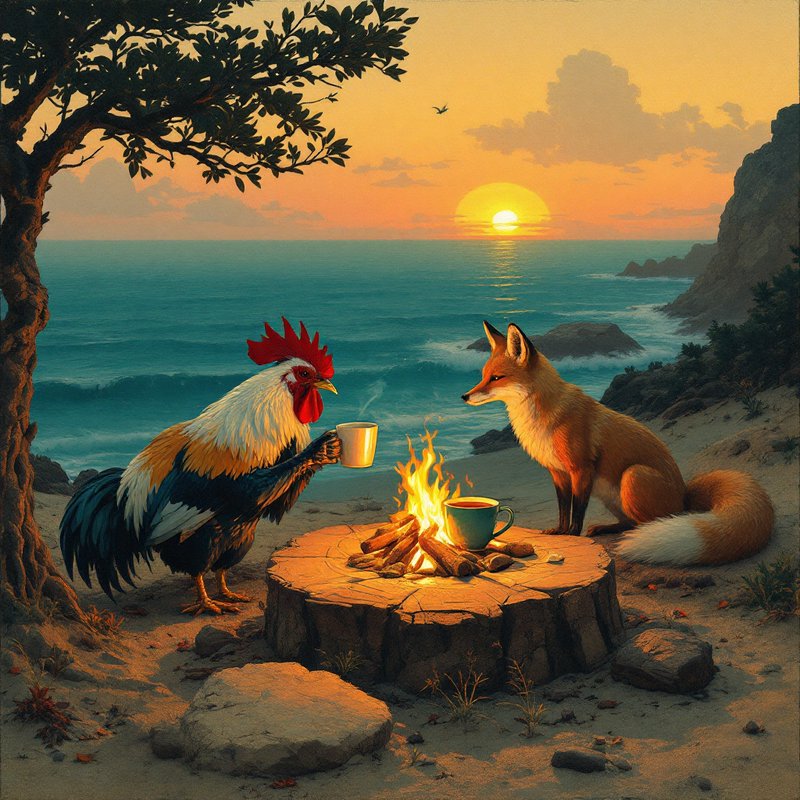 Rooster and fox sharing a mug by a beach campfire at sunset