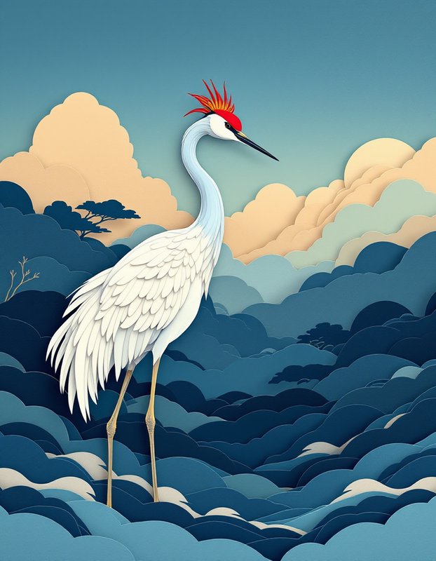 Stylized white crane standing among layered blue clouds under a gradient sky.
