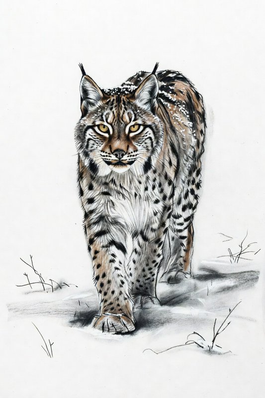 Hand-drawn lynx walking through a snowy landscape with sparse grass.