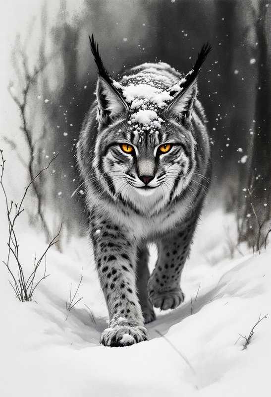 Snowy lynx prowling toward the camera with striking orange eyes in a winter forest.