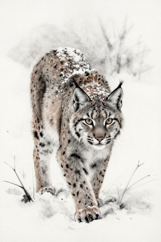 Snowy lynx walking toward the camera in a winter landscape with snow on its fur.