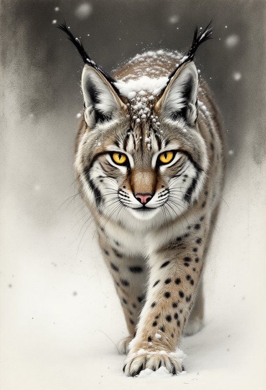 Lynx walking toward camera in a snowy, wintry scene with snow on its ears.