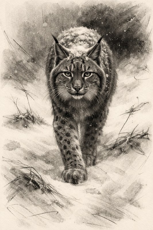 A detailed graphite drawing of a snowy lynx walking toward the viewer.