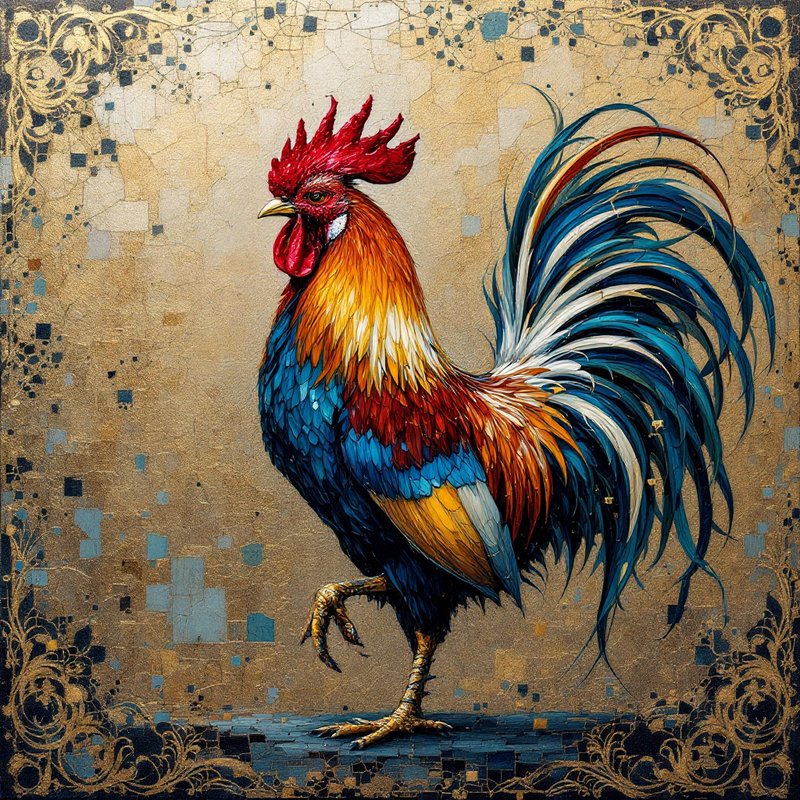 Colorful rooster painting with vibrant plumage on a gold textured backdrop