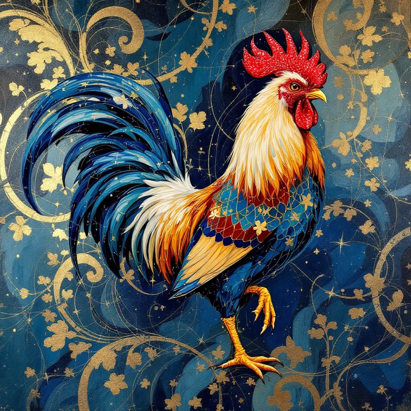 Vibrant illustrated rooster with blue, red, and gold plumage against a decorative gold floral background.