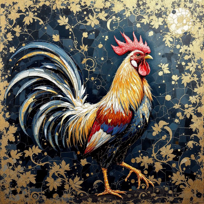 Vibrant mosaic rooster with a gold floral background.