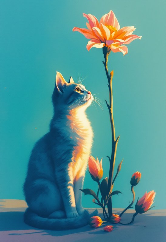 Cat sitting beside a tall orange-pink flower against a turquoise background