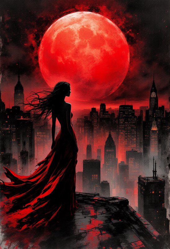 Silhouette of a woman in a red dress on a rooftop with a giant red moon over a dark city skyline.