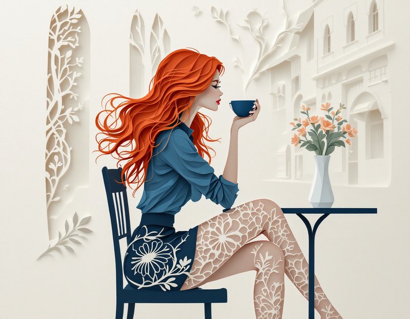 Illustrated woman with red hair in a blue blouse sipping from a blue cup at a lace-patterned table.