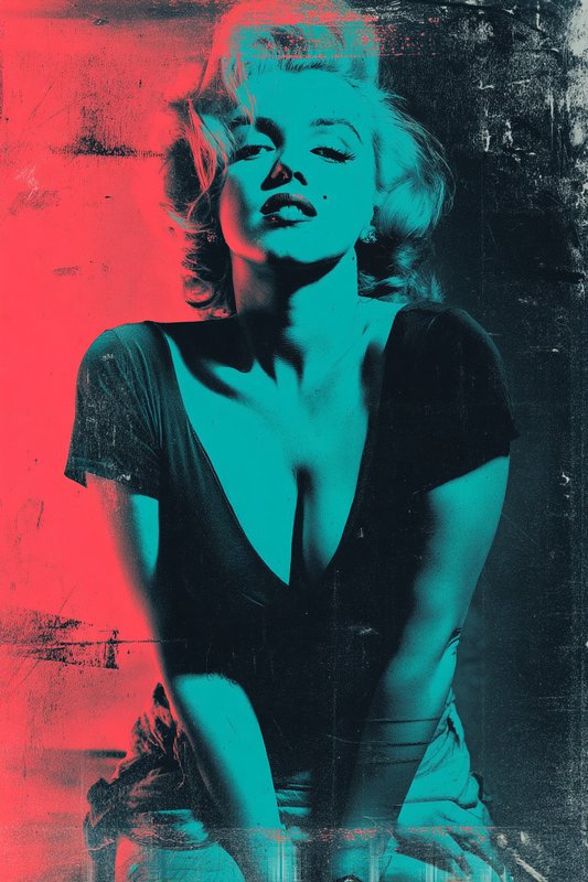 Duotone red-and-blue portrait of a retro glamour woman in a deep V-neck dress with short hair.
