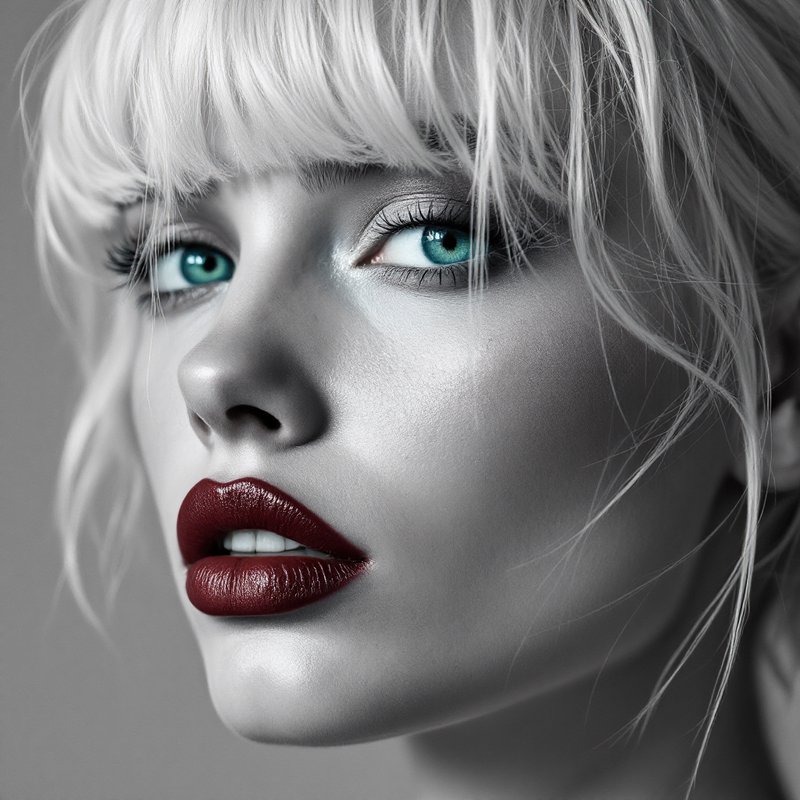 Close-up portrait of a woman with turquoise eyes and bold red lips in grayscale.