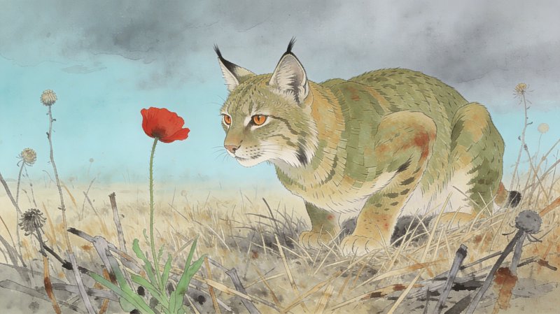 Watercolor painting of a greenish cat crouching in a dry field beside a red poppy.