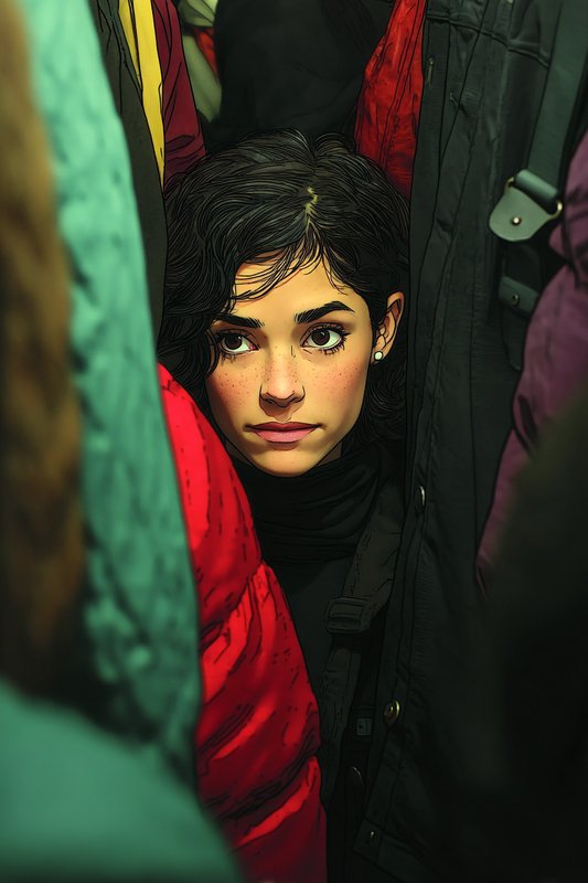 A close-up of a young woman with dark hair and a black hijab peering through colorful clothing in a crowded closet.
