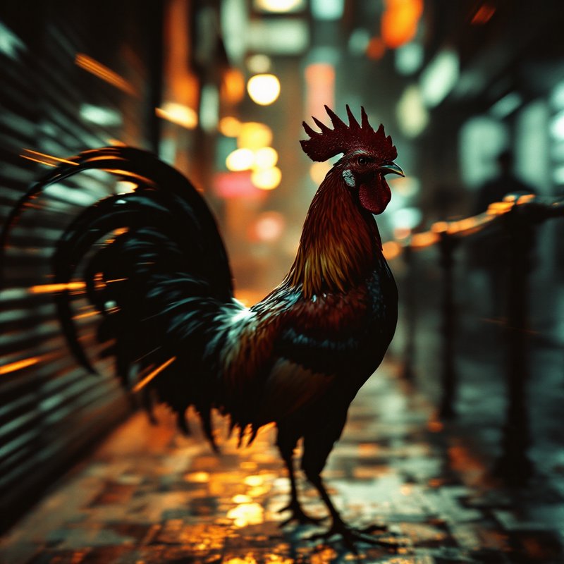 Rooster standing on a neon-lit city street at night with blurred lights in the background.