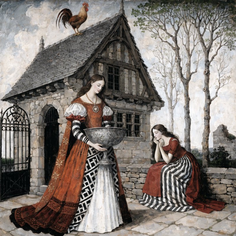 Simone Martini + Edward Burne-Jones, where Martini's Gothic linear elegance forces flat decorative space that overrides dimensional perspective and amplifies courtly romance, and Burne-Jones's medieval revival produces stylized figure modeling that transforms naturalistic rendering and heightens romantic idealization. The fusion manifests as elegant flattened planes with decorative pattern emphasis, preserving original subjects and settings.
Rooster on top of the barn, crowing
