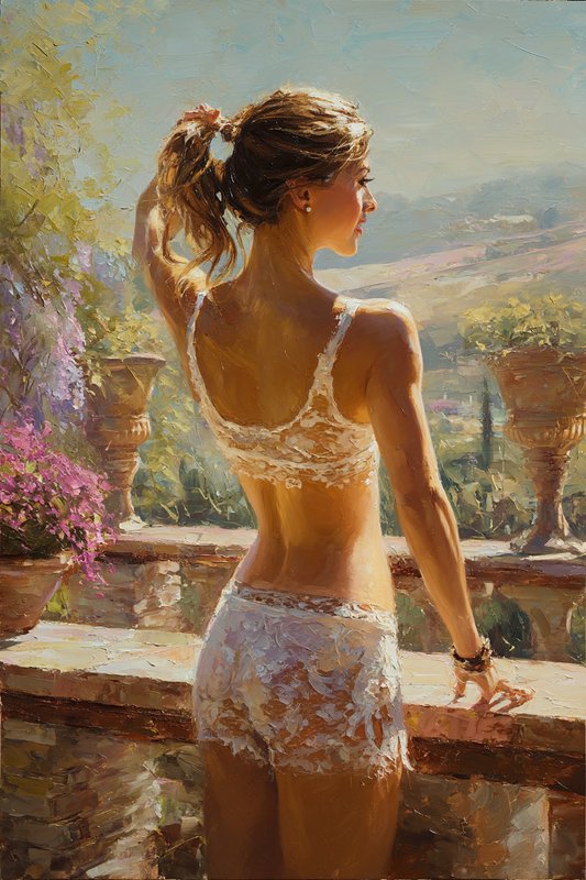 Side-profile of a woman in white lace lingerie standing on a sunlit balcony