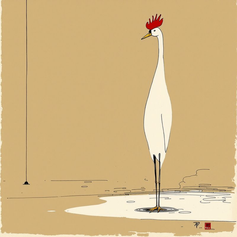 Minimalist illustration of a tall white crane with a red crest standing in shallow water.