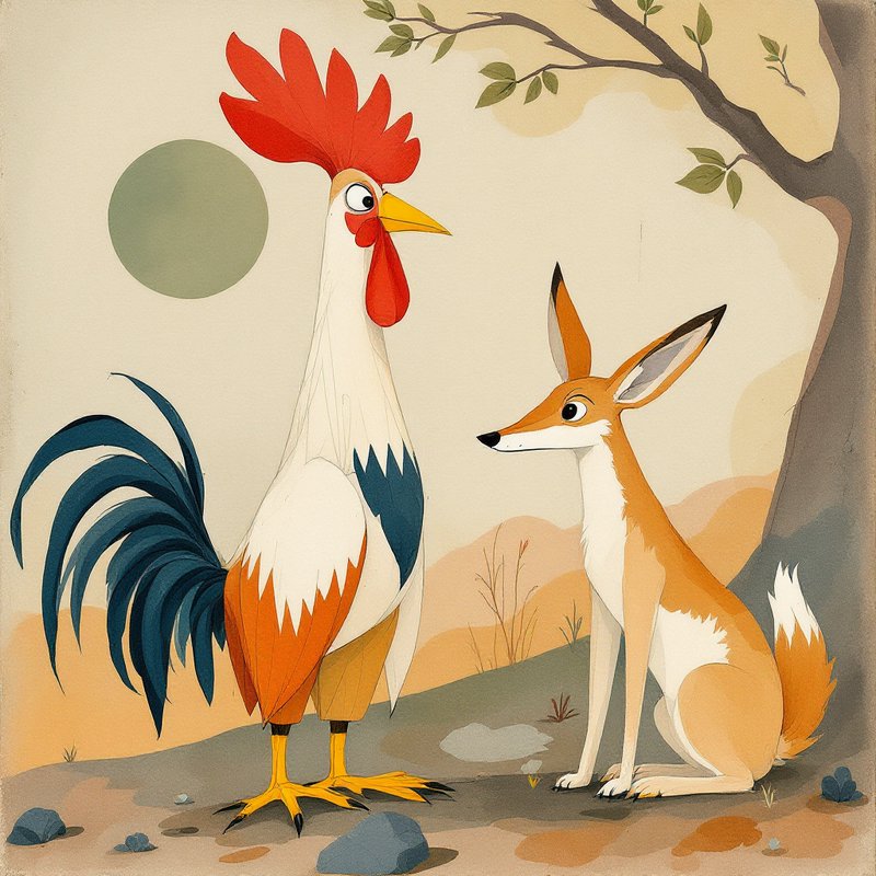 Colorful cartoon rooster standing beside a curious fox in a sunny pastoral setting.