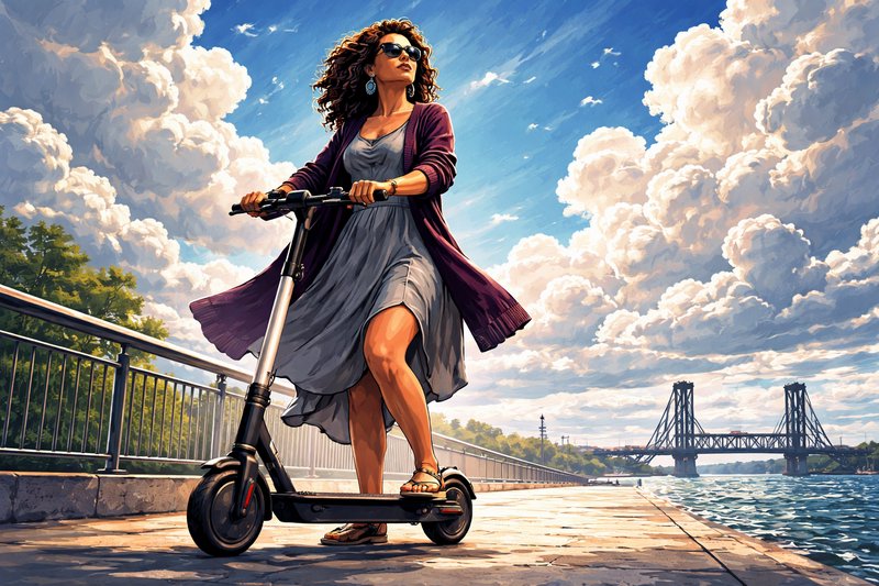 woman riding an electric scooter along a riverside promenade under a bright, cloud-filled sky