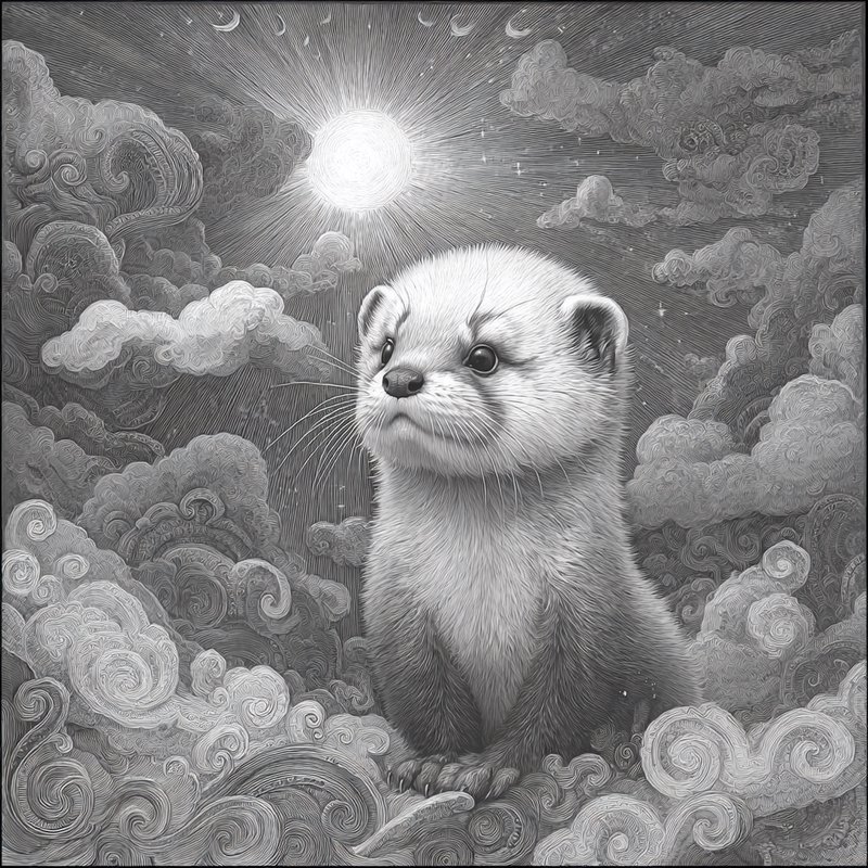 Hyperrealistic graphite-and-airbrush rendering fused with decorative swirling cloud stylization, creating a luminous monochrome dreamscape. The result should manifest as silvery whites and soft grays with meticulous fur detail, volumetric light rays, and ornamental curling cloud forms reminiscent of classical Eastern woodblock motifs blended with photoreal Western realism.
A fluffy white otter pup with large glossy dark eyes, delicate whiskers, and impossibly soft fur, seated upright and gazing directly forward with a gentle curious expression, forepaws tucked close to its chest.
Scene set high in a celestial sky at midday, with a radiant sun bursting rays from behind towering cumulus formations, atmosphere serene and ethereal, featuring sculpted spiraling clouds curling into ornamental scrolls that cradle the creature like a heavenly throne.