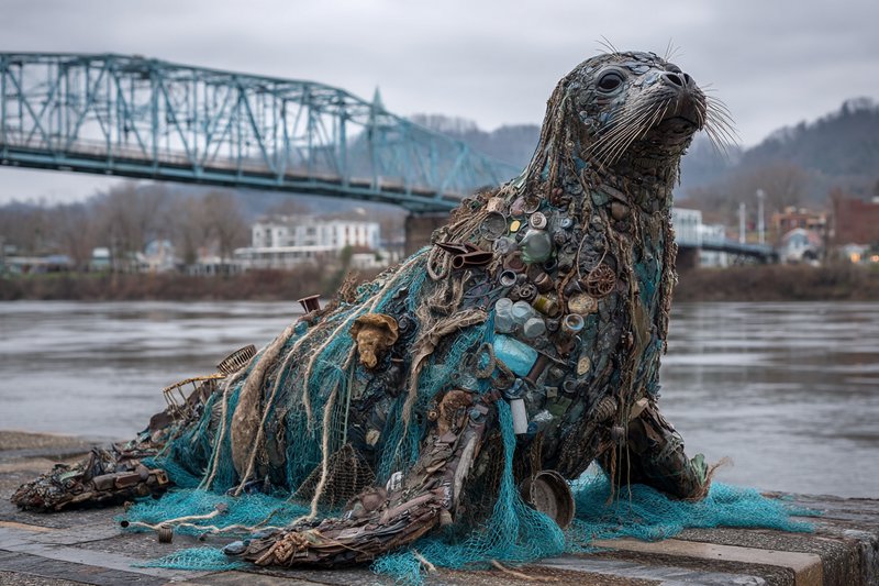 Assemblage sculpture photography with meticulous found-object detail and environmental-art storytelling, combined with documentary realism lighting under overcast skies, creating a textural fusion of marine debris and organic form. The result should manifest as hyperreal surface complexity, weathered plastic patinas, and layered ocean-reclaimed materials rendered with crisp depth of field and muted natural color grading.
A life-sized seal figure constructed entirely from plastic debris recovered from the ocean, its body formed of salvaged bottle caps, broken container fragments, weathered buoys, and dark marine plastics, draped in turquoise fishing net tangled with crushed bottles and frayed rope, head lifted in a poised forward gaze.
Scene set on a riverside promenade during an overcast afternoon, with soft diffused light and a cool gray atmosphere, featuring a blue truss bridge spanning the water, white railings, bare winter trees, and distant rolling hills.