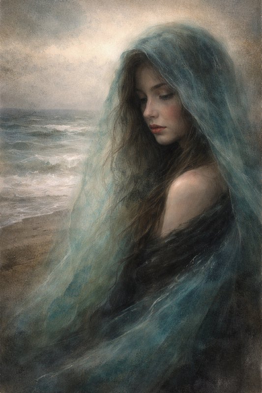 Portrait of a woman by the sea, wrapped in a translucent blue veil with a moody coastal backdrop.