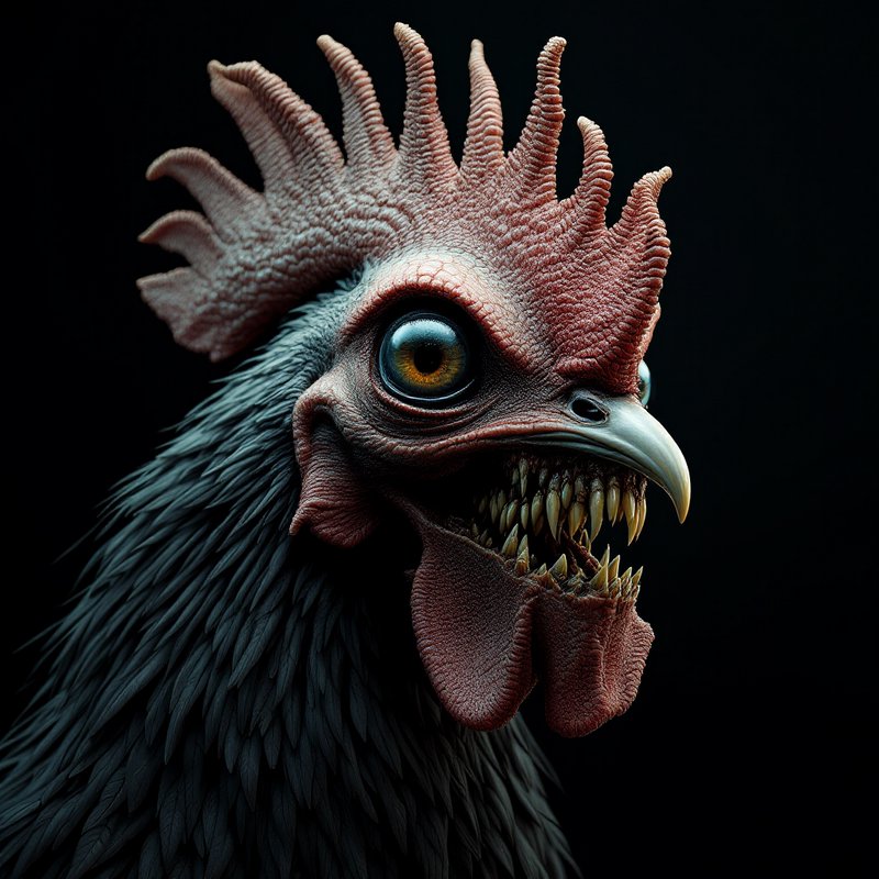 Hyper-detailed close-up of a monstrous chicken head with red comb, sharp teeth, and dark feathers on a black background