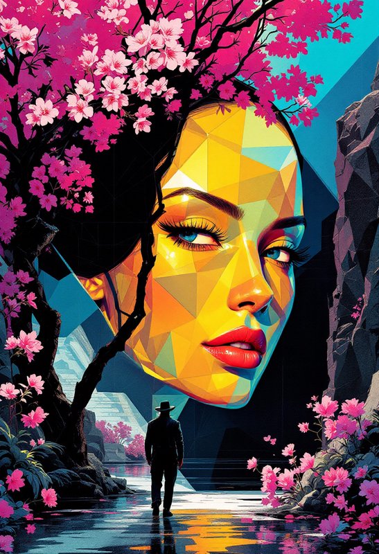 Geometric neon portrait of a woman's face towering over a lone figure in a pink blossom canyon.