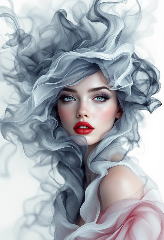 Portrait of a model with blue eyes surrounded by flowing gray chiffon-like fabric.