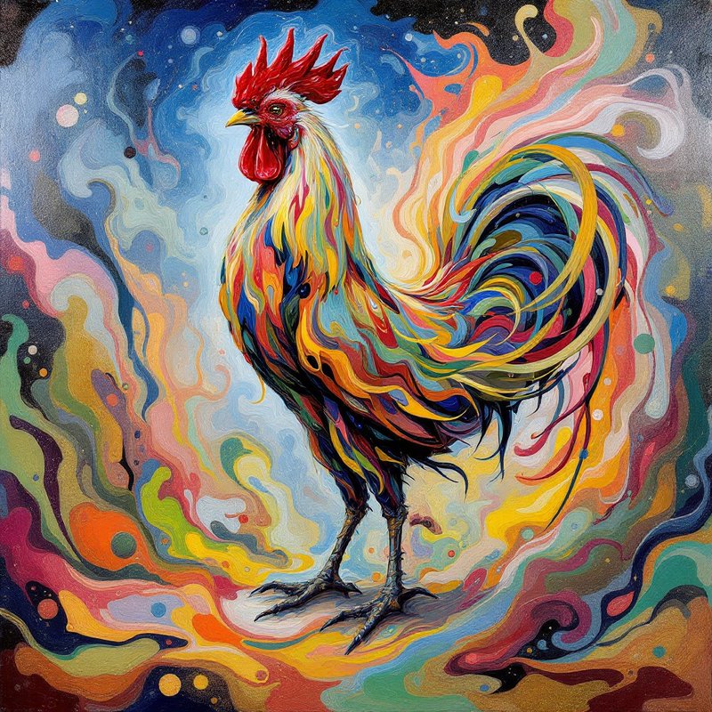 This vibrant abstract painting features a rooster | justrob on ...
