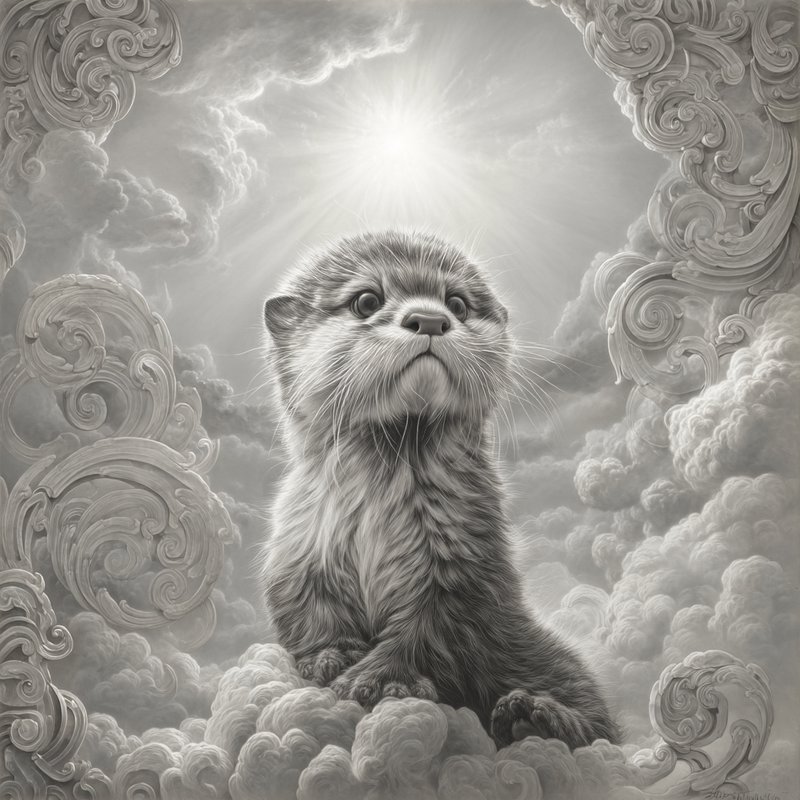 Hyperrealistic graphite-and-airbrush rendering fused with decorative swirling cloud stylization, creating a luminous monochrome dreamscape. The result should manifest as silvery whites and soft grays with meticulous fur detail, volumetric light rays, and ornamental curling cloud forms reminiscent of classical Eastern woodblock motifs blended with photoreal Western realism.
A fluffy white otter pup with large glossy dark eyes, delicate whiskers, and impossibly soft fur, seated upright and gazing directly forward with a gentle curious expression, forepaws tucked close to its chest.
Scene set high in a celestial sky at midday, with a radiant sun bursting rays from behind towering cumulus formations, atmosphere serene and ethereal, featuring sculpted spiraling clouds curling into ornamental scrolls that cradle the creature like a heavenly throne.