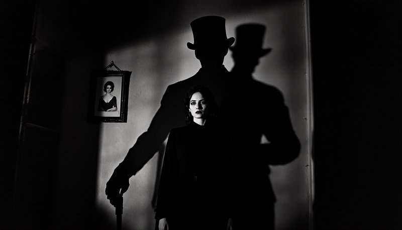 Black-and-white portrait of a woman with dark clothing as large top-hat shadows loom on the wall behind her.