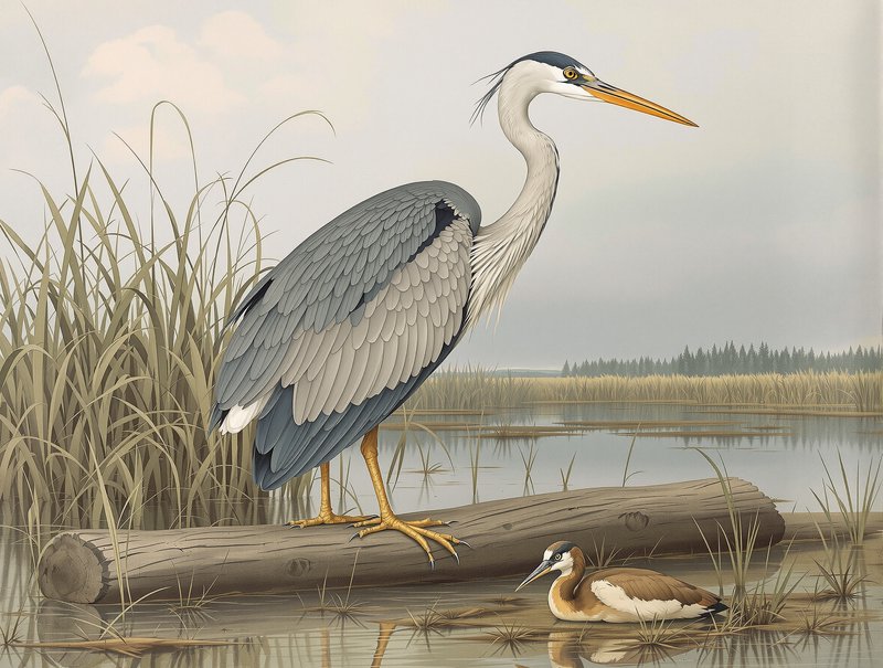 Blue heron standing on a log beside a calm marsh with a small duck nearby.
